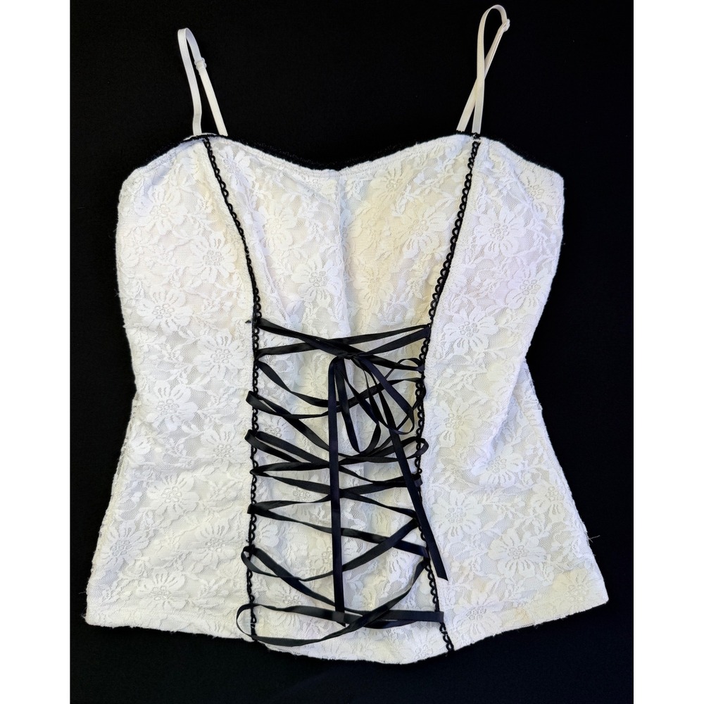Lia Lee White Lace Corset Top Medium Black Ribbon Lace Up Coquette Y2K Camisole